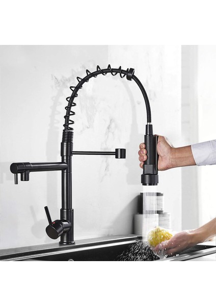 Spiralli Çift Başlı Mat Siyah Endüstriyel Lux Mutfak Musluk Evye Bataryası fırsatları