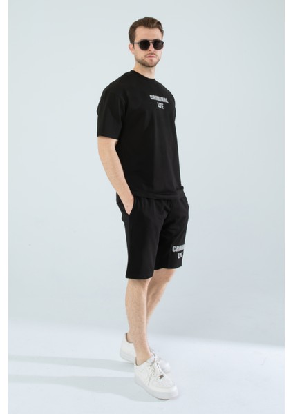 Erkek Yarım Oversize Ön Arka Criminal Life Yazı Baskılı Pamuklu T-Shirt/şort Alt Üst Takım