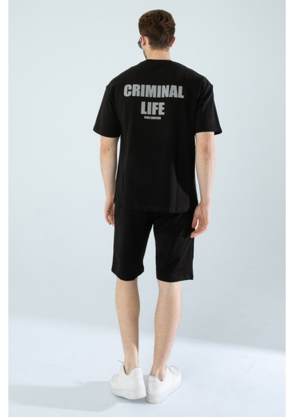 Erkek Yarım Oversize Ön Arka Criminal Life Yazı Baskılı Pamuklu T-Shirt/şort Alt Üst Takım