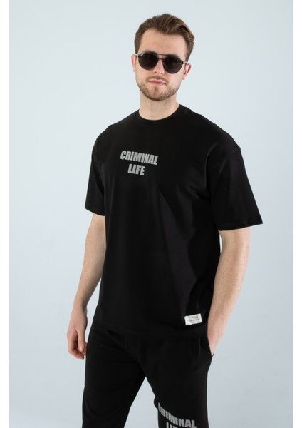 Erkek Yarım Oversize Ön Arka Criminal Life Yazı Baskılı Pamuklu T-Shirt/şort Alt Üst Takım