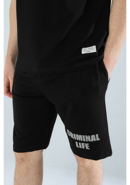 Erkek Yarım Oversize Ön Arka Criminal Life Yazı Baskılı Pamuklu T-Shirt/şort Alt Üst Takım