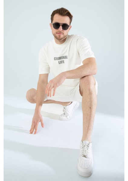 Erkek Yarım Oversize Ön Arka Criminal Life Yazı Baskılı Pamuklu T-Shirt/şort Alt Üst Takım