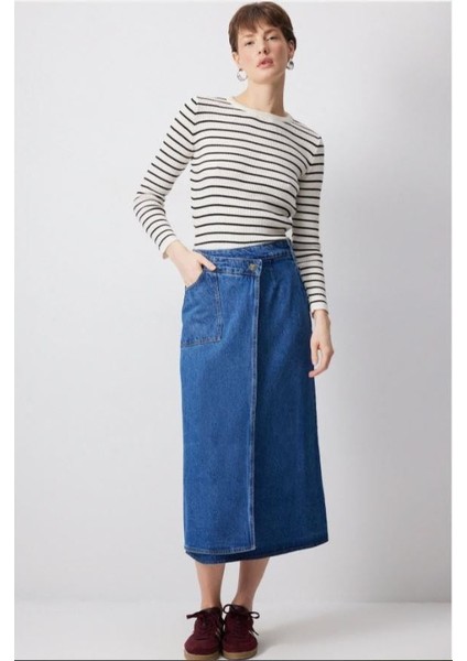 Kruvaze Denim Etek Açık Denim