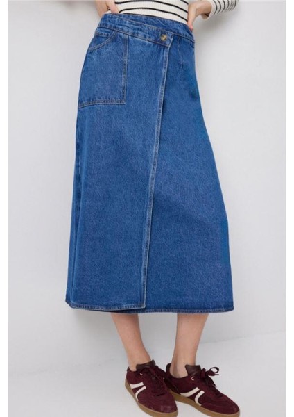 Kruvaze Denim Etek Açık Denim