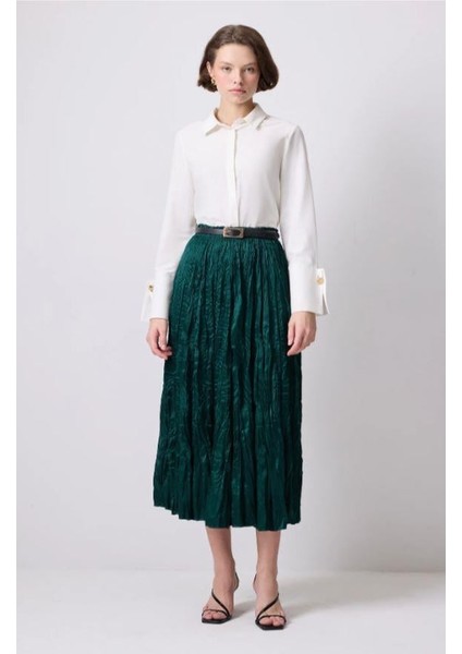 Crushlı Saten Etek Zümrüt