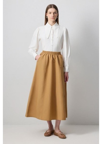 Beli Büzgülü Dokuma Etek Camel