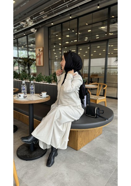 Inci Detaylı Keten Etek Krem