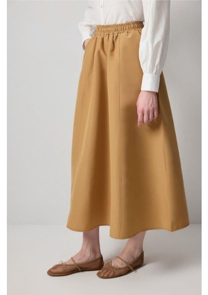 Beli Büzgülü Dokuma Etek Camel