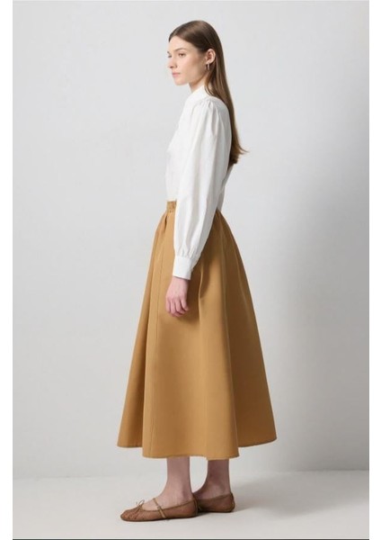 Beli Büzgülü Dokuma Etek Camel