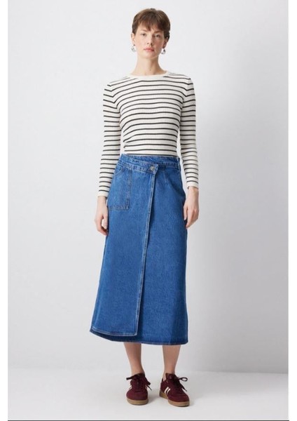 Kruvaze Denim Etek Açık Denim