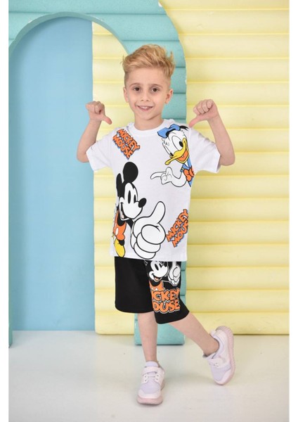 Pjkskt Mickey Mause Desenli Beyaz Şortlu Erkek Çocuk Kısa Kol Takım 7657-B