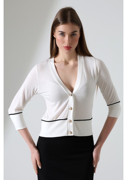 Bagh Kadın Yazlık Ajurlu Truvakar Kollu Şık Düğmeli Arabiyeli (Over Waist) Kısa Hırka - Ekru