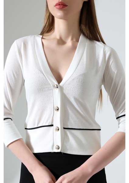 Bagh Kadın Yazlık Ajurlu Truvakar Kollu Şık Düğmeli Arabiyeli (Over Waist) Kısa Hırka - Ekru fırsatları
