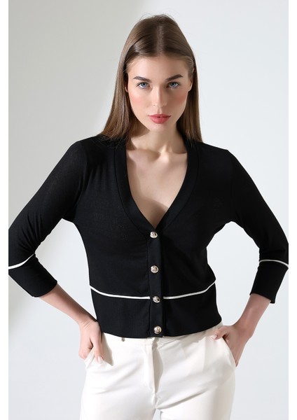 Bagh Kadın Yazlık Ajurlu Truvakar Kollu Şık Düğmeli Arabiyeli (Over Waist) Kısa Hırka - Siyah
