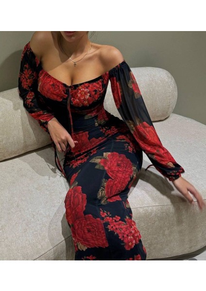 Kadın Balon Kol Çiçek Desenli Maxi Boy Straplez Elbise