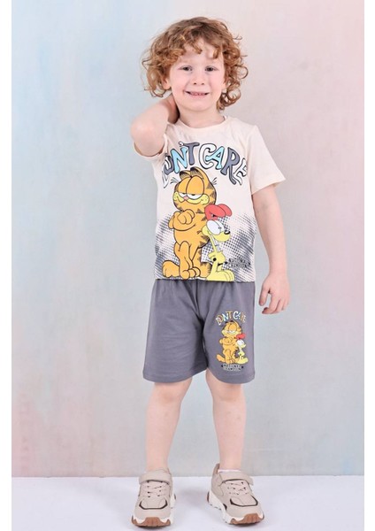 Pjkskt Garfield Desenli Füme Şortlu Erkek Çocuk Kısa Kol Takım 7612-F