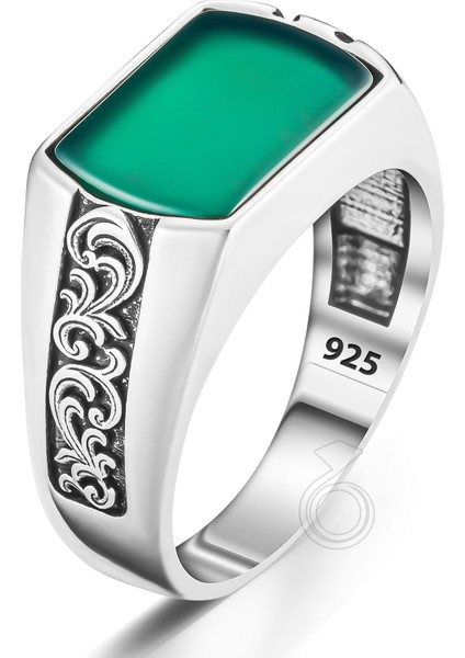 925 Ayar Gümüş Özel Kesim Yeşil Akik Taşlı Erkek Yüzük fiyatları