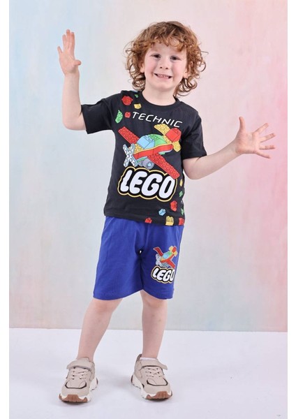 Pjkskt LEGO Desenli Saks Mavisi Şortlu Erkek Çocuk Kısa Kol Takım 7606-S