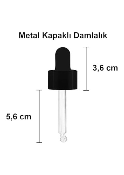 20 ml Metal Kapaklı Damlalık Dropper Şişesi Serum 20 cc Cam Şişe 6 Adet (Siyah Kapak, Şeffaf)
