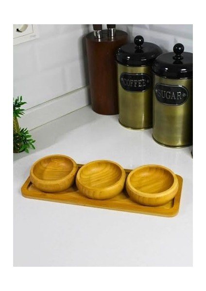 Bambu 3'lü Ahşap Sunum Seti Kahvaltılık Çerezlik Reçellik Tepsili Şık ve Pratik Servis Ürünü (Oval)