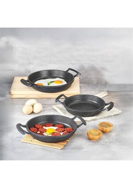 3'lü Döküm Sahan Seti, 3'lü Yumurta, Omlet Tavası, 3 Boy Döküm Siyah Granit Sahan Tava (22CM-20CM-18CM)