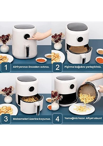 Airfryer Pişirme Kağıdı 50 Adet Yuvarlak Fırın Tepsisi Yanmaz Yapışmaz Gıda Parşömeni Sıcak Hava Fritözü Aksesuarı