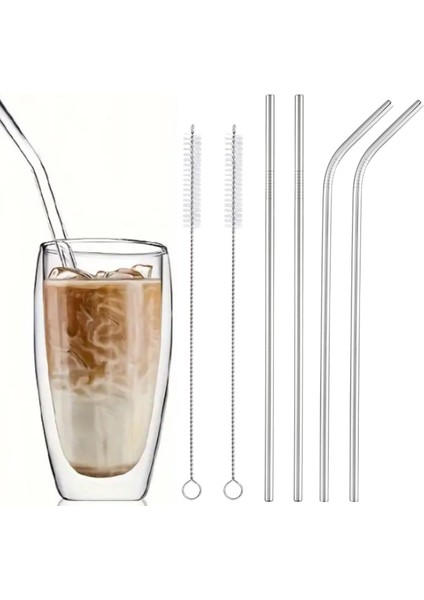 6'lı Paslanmaz Çelik Metal Pipet Seti 4 Adet Pipet ve 2 Adet Pipet Temizleme Fırçası Cam Pipet Gold Renk