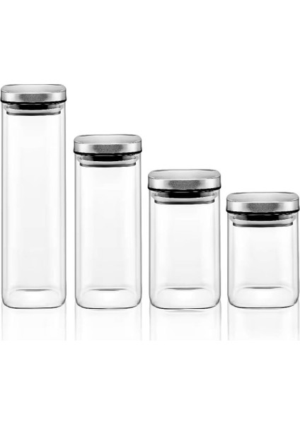 2'li Vakum Kapaklı Borosilikat Cam Saklama Kabı Seti - Mini Boy, Hava Geçirmez, Gıda Saklama Için Ideal-Baharat,kahve,şeker-Mini Baharatlık (Metal Kare, 300 Ml)