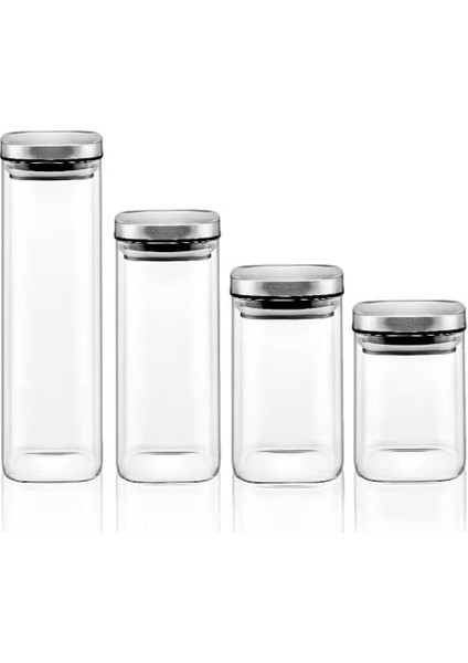 2'li Vakum Kapaklı Borosilikat Cam Saklama Kabı Seti - Mini Boy, Hava Geçirmez, Gıda Saklama Için Ideal-Baharat,kahve,şeker-Mini Baharatlık (Metal Kare, 300 Ml)