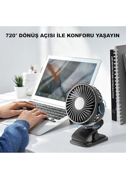 Masaüstü Şarjlı Klipsli 360 Derece Dönebilen Portatif Vantilatör - Soğutucu Klima Tutacaklı Fan - Asorti Renk