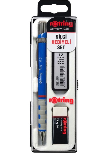 Tikky Mekanik Kurşun Kalem, Uç ve Silgi Seti, 0,5 mm Kalem, 2b Uç, Orta Boy Silgi, Mavi, 3'lü Set