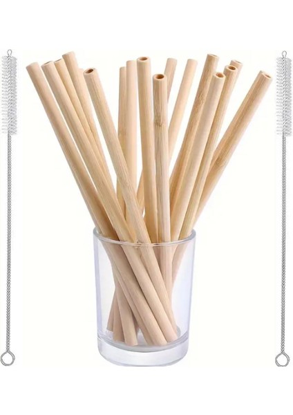 12'li Bambu Pipet Seti Çok Kullanımlık Doğa Dostu 10 Adet Düz Pipet ve 2 Adet Pipet Pipet Temizleme Fırçası Cam Pipet Metal Pipet