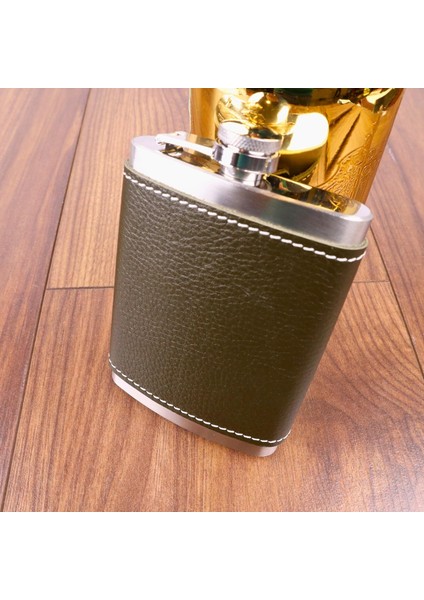 8 Oz 235 Cc Hunili Haki Yeşil El Yapımı Deri Kılıflı Çelik Viski Cep Matarası