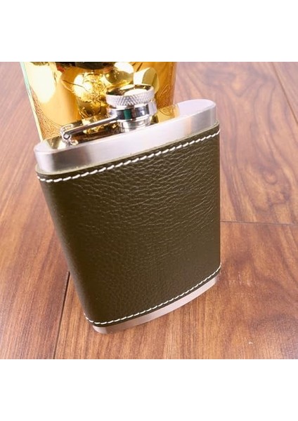 8 Oz 235 cc Hunili Haki Yeşil El Yapımı Deri Kılıflı Çelik Viski Cep Matarası