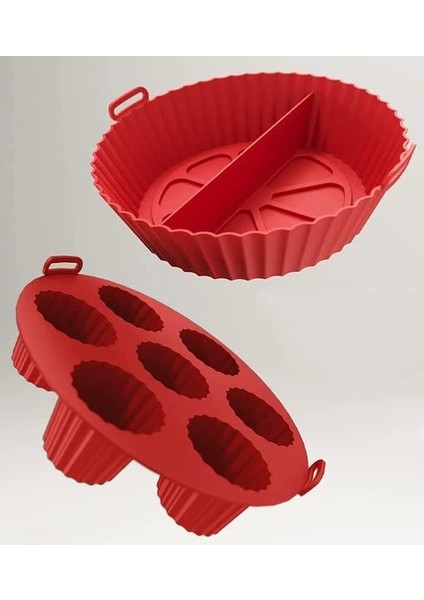 Airfryer Ustası 2'li Pişirme Seti, Silikon Airfryer Pişirme Kağıdı, Bpa Içermez, Yapışmaz Kolay Temizlenir Muffin Cupcake ve Iki Bölmeli Silikon Pişirme Kabı (Kırmızı)