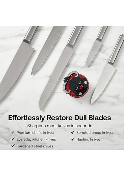 Bıçak Bileyici, Eller Serbest Güvenlik, Powergrip, Tüm Mutfak Bıçaklarını Güvenle Keser, Sertleştirilmiş Çelik ve Tırtıklı Için Ideal, Dünyanın En Iyisi, Kompakt, Tek Boyut, Kırmızı
