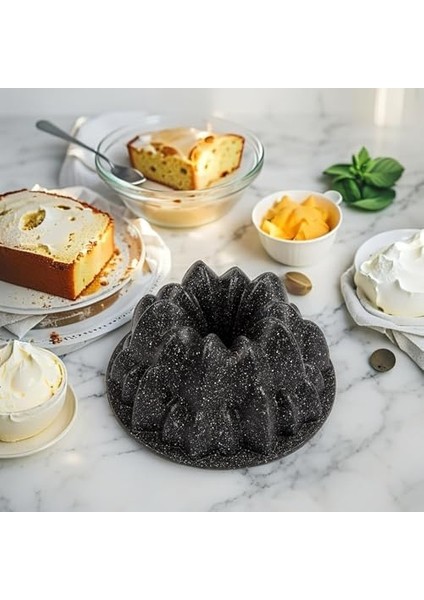 Thermo Döküm Gövdeli Everest Kek Kalıbı 24 cm, Dilimli ve Döküm, Siyah Granit Benekli Pişirme Kabı, Kolay Çıkarma, Dayanıklı Alüminyum Alaşım