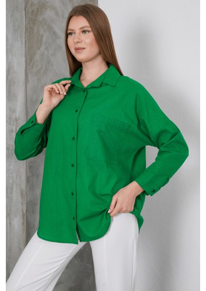 Kadın London Keten Tek Cepli Oversize Gömlek, Premium Kalite Keten Gömlek