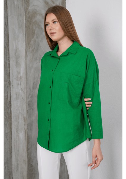 Kadın London Keten Tek Cepli Oversize Gömlek, Premium Kalite Keten Gömlek