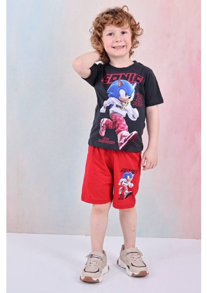 Pjkskt Sonic Desenli Kırmızı Şortlu Erkek Çocuk Kısa Kol Takım 7613-K
