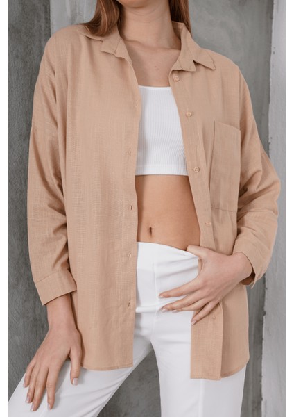 Kadın London Keten Tek Cepli Oversize Gömlek, Premium Kalite Keten Gömlek