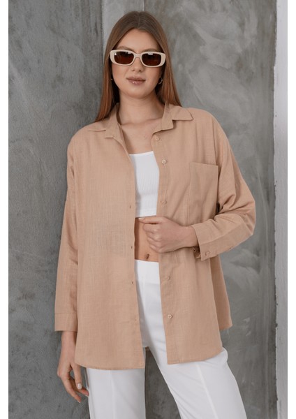 Kadın London Keten Tek Cepli Oversize Gömlek, Premium Kalite Keten Gömlek