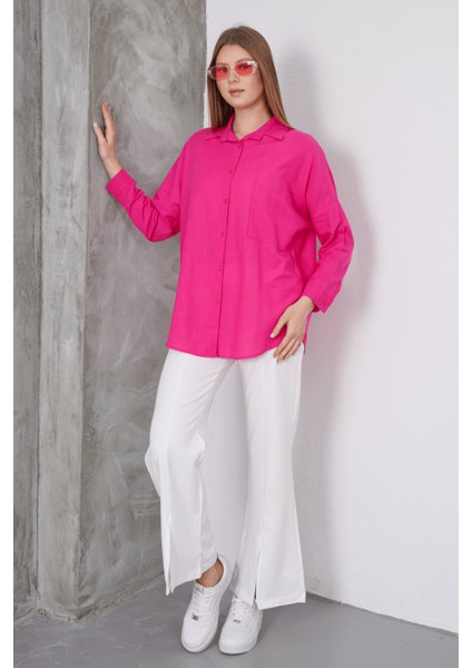 Kadın London Keten Tek Cepli Oversize Gömlek, Premium Kalite Keten Gömlek