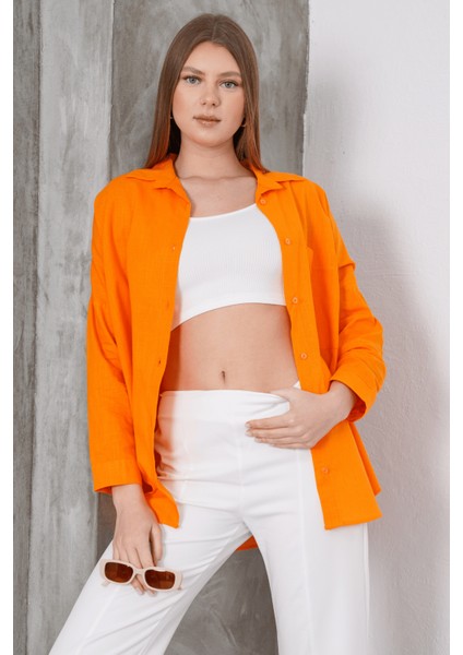 Kadın London Keten Tek Cepli Oversize Gömlek, Premium Kalite Keten Gömlek