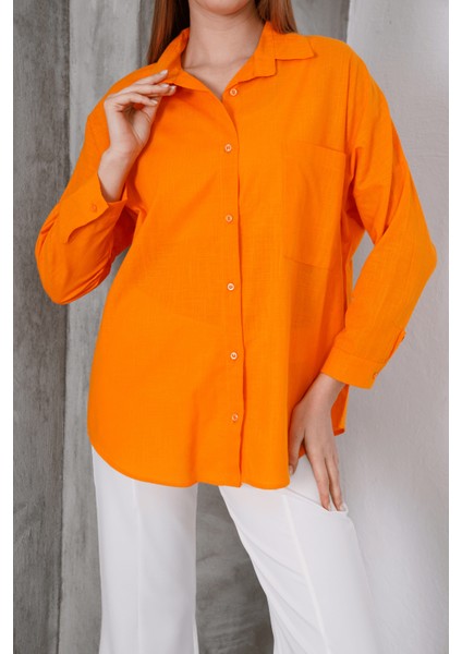 Kadın London Keten Tek Cepli Oversize Gömlek, Premium Kalite Keten Gömlek
