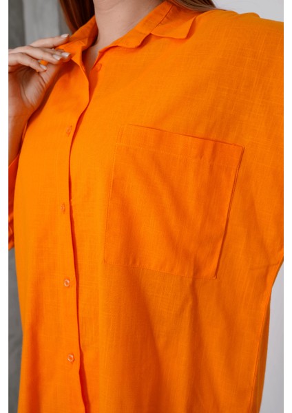 Kadın London Keten Tek Cepli Oversize Gömlek, Premium Kalite Keten Gömlek