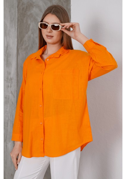 Kadın London Keten Tek Cepli Oversize Gömlek, Premium Kalite Keten Gömlek