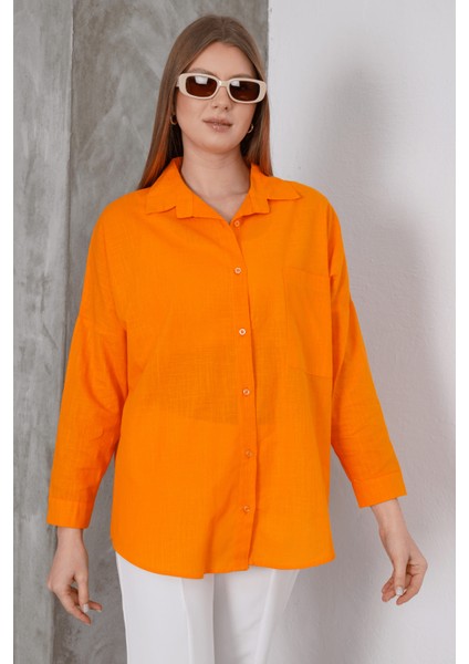 Kadın London Keten Tek Cepli Oversize Gömlek, Premium Kalite Keten Gömlek