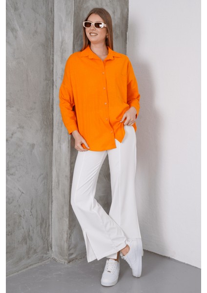 Kadın London Keten Tek Cepli Oversize Gömlek, Premium Kalite Keten Gömlek