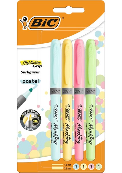 Pastel Fosforlu Kalem, 4 Farklı Pastel Renkte, Çizgi Kalınlığı: 1,6 mm - 3,3 Mm, Kuruma Korumalı, Renkli